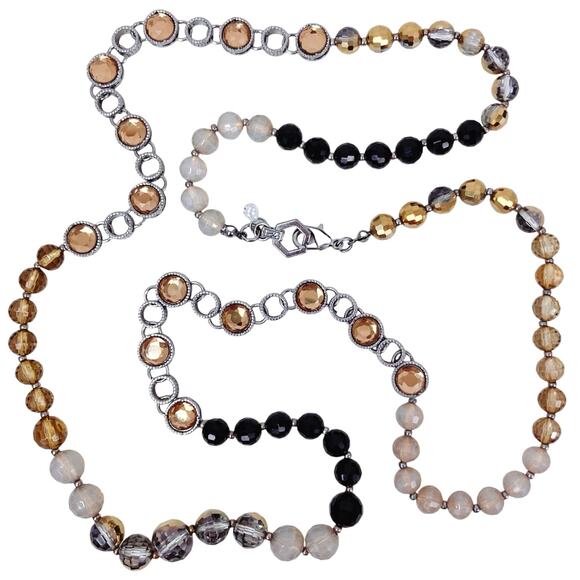 Glass Bead Long Necklace 37" Silver Tone Champagne Crystals - Picture 5 of 11